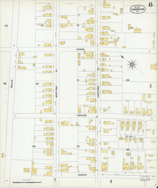 Dorchester, Maryland - 1901 - Sanborn Fire Insurance Map, Sheet #0006 - Historic Sanborn Fire Insurance Map Print, Dorchester Maryland 1901 0006 vintage old map wall art