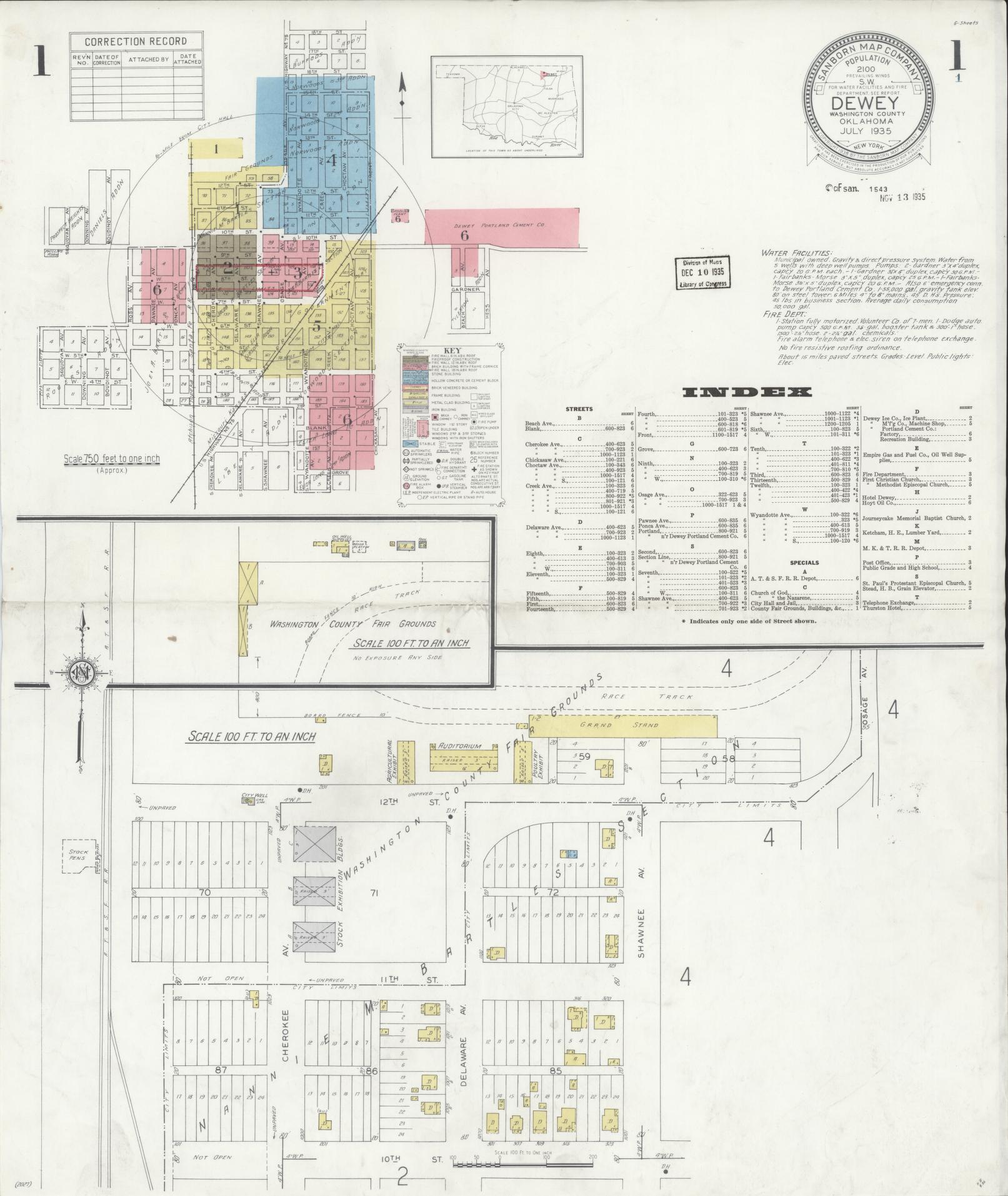 Sanborn Fire Insurance Map from Dewey, Washington County, Oklahoma (1935), Sheet #0001 - Complete Map Set gallery image, historic Sanborn map, vintage wall art, Oklahoma Oklahoma