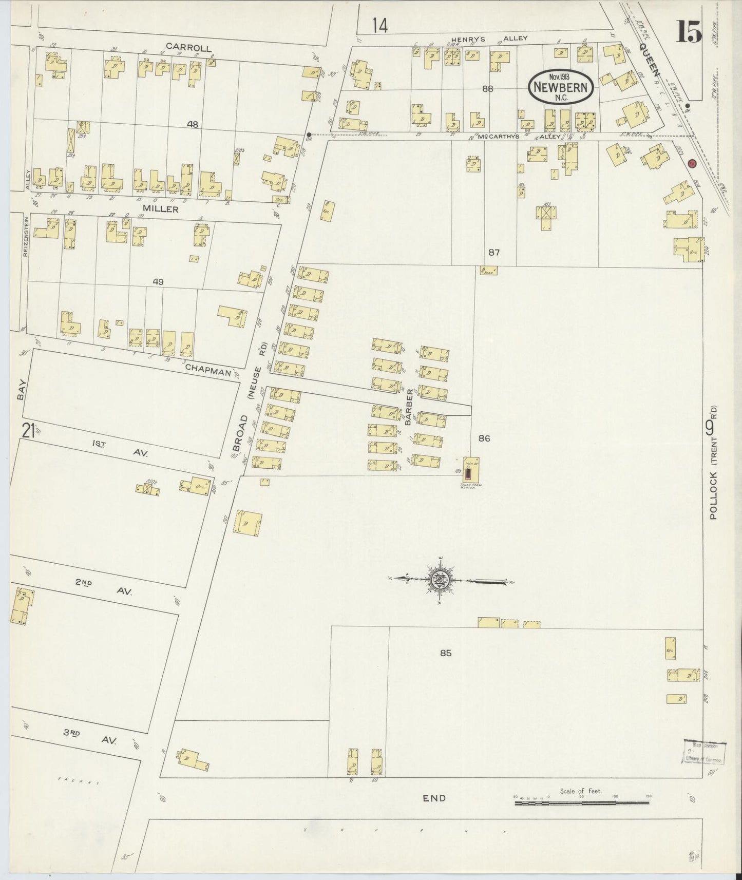 Sanborn Fire Insurance Map from New Bern, Craven County, North Carolina (1913), Sheet #0015 - Complete Map Set gallery image, historic Sanborn map, vintage wall art, North Carolina North Carolina