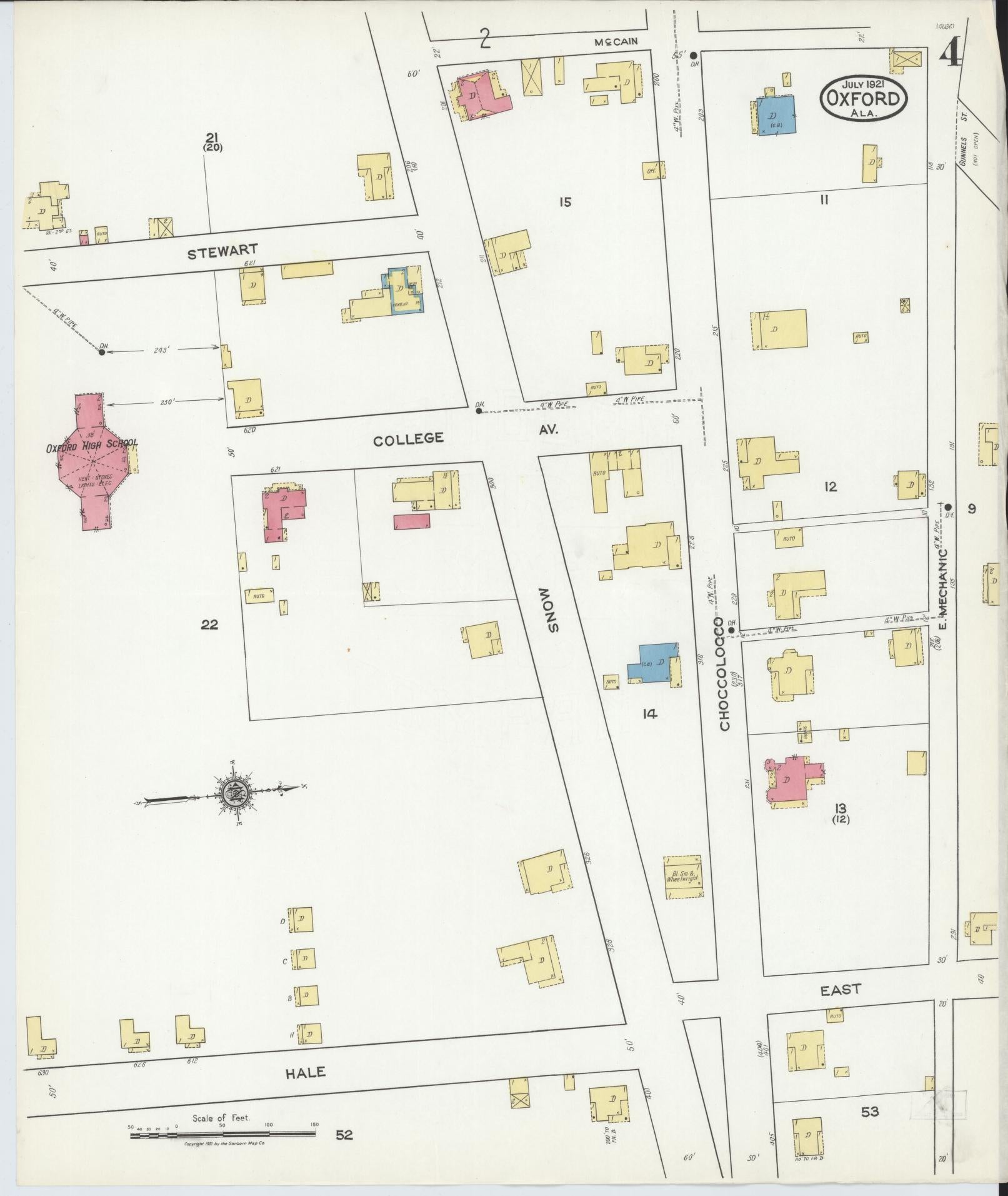 Sanborn Fire Insurance Map from Oxford, Calhoun County, Alabama (1921), Sheet #0004 - Complete Map Set gallery image, historic Sanborn map, vintage wall art, Alabama Alabama