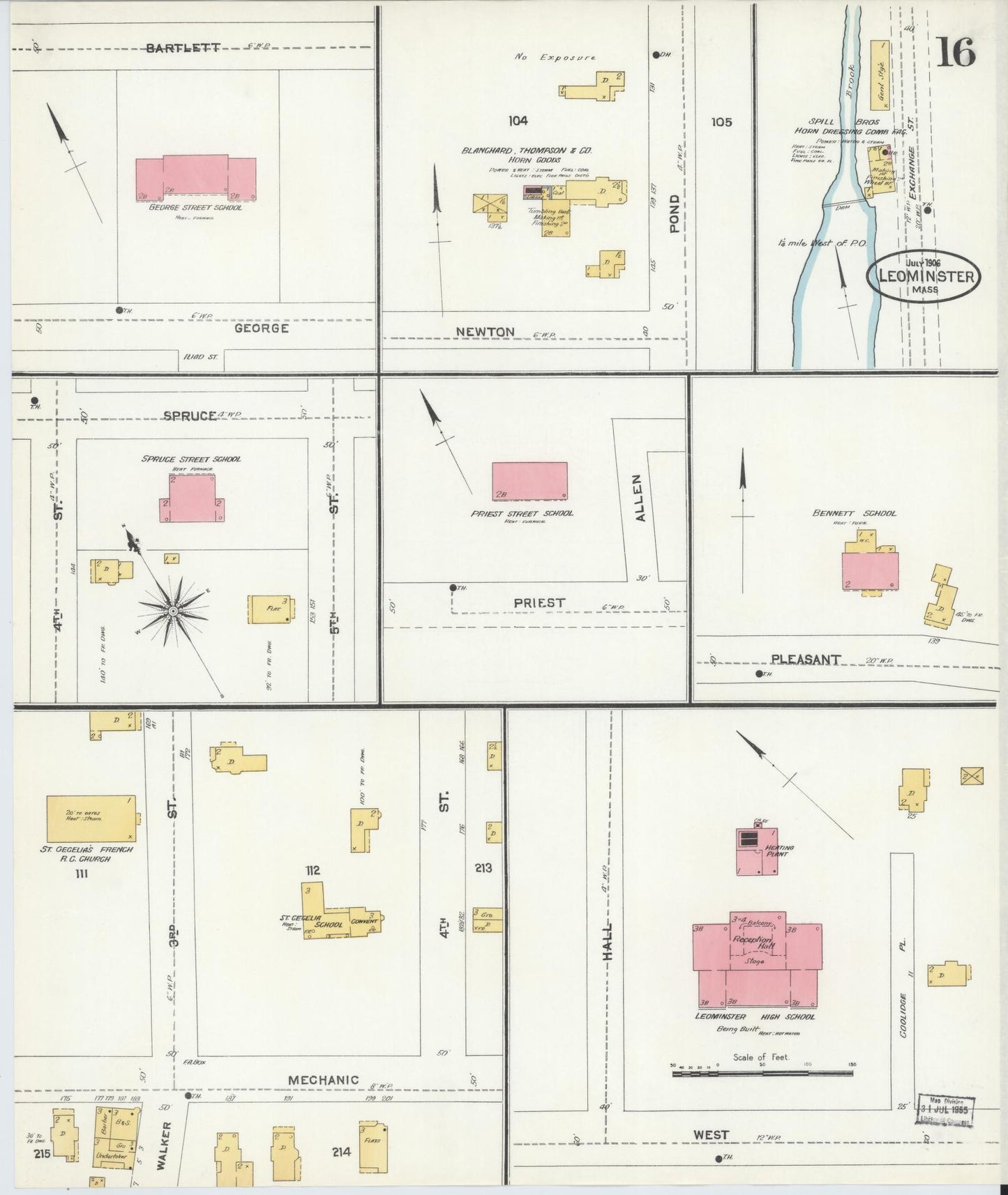 Sanborn Fire Insurance Map from Leominster, Worcester County, Massachusetts (1906), Sheet #0016 - Historic Sanborn Fire Insurance Map Print, vintage old map wall art, antique decor, genealogy gift, Massachusetts Massachusetts map
