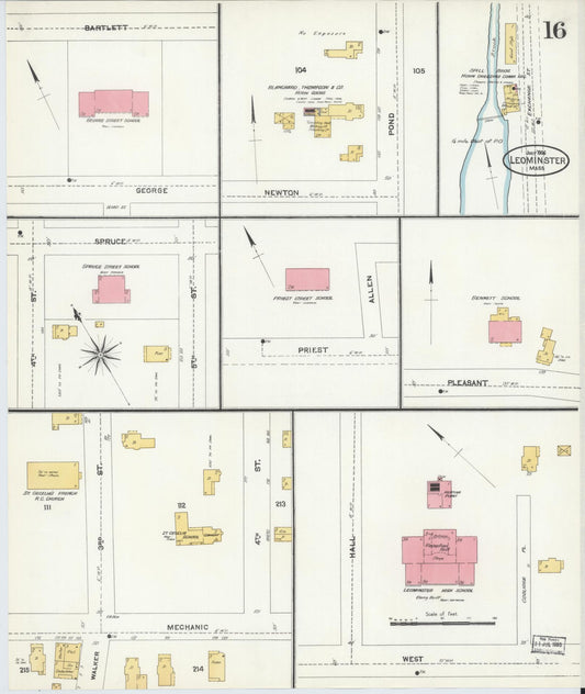 Sanborn Fire Insurance Map from Leominster, Worcester County, Massachusetts (1906), Sheet #0016 - Historic Sanborn Fire Insurance Map Print, vintage old map wall art, antique decor, genealogy gift, Massachusetts Massachusetts map