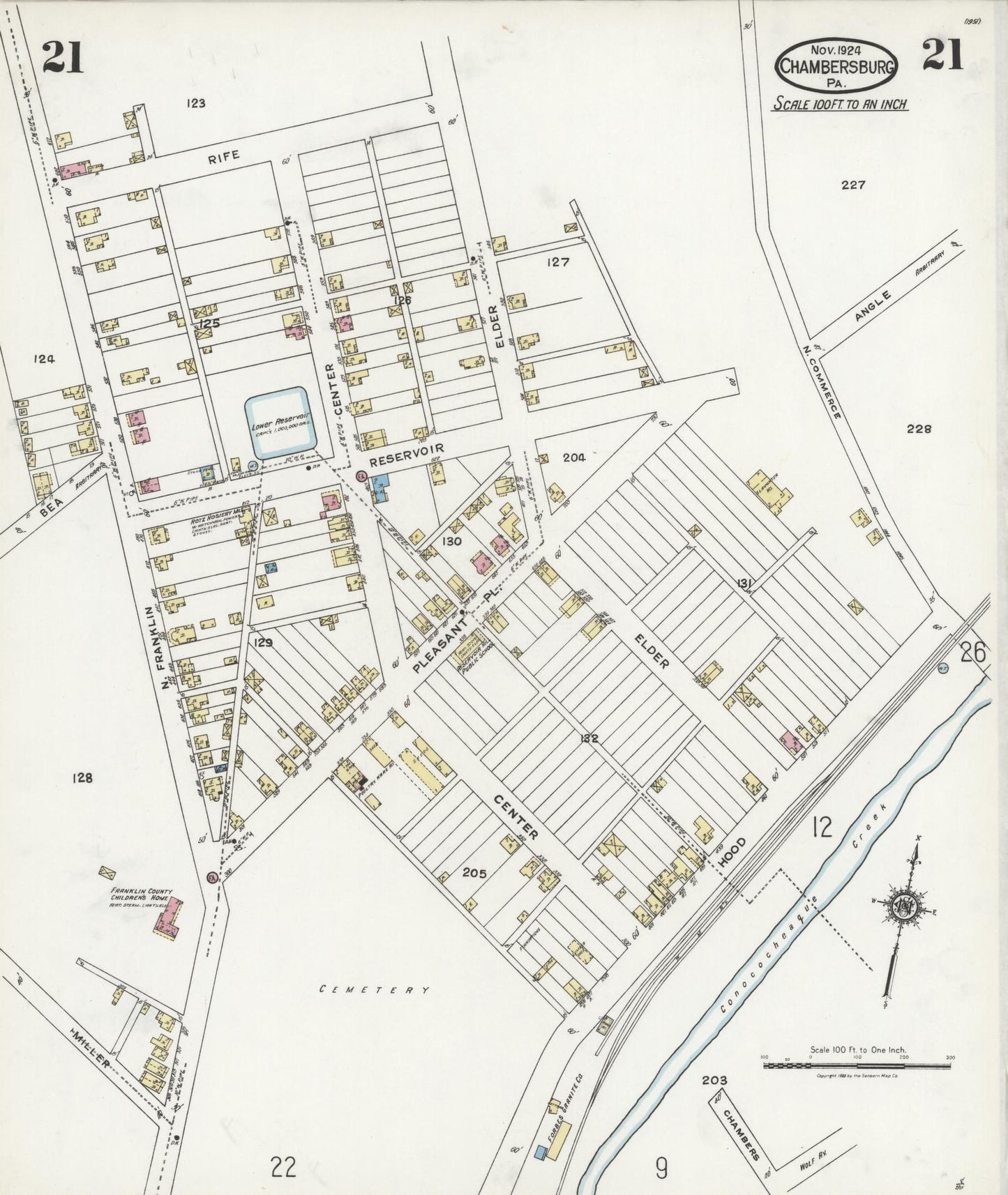 Sanborn Fire Insurance Map from Chambersburg, Franklin County, Pennsylvania (1924), Sheet #0021 - Historic Sanborn Fire Insurance Map Print, vintage old map wall art, antique decor, genealogy gift, Pennsylvania Pennsylvania map