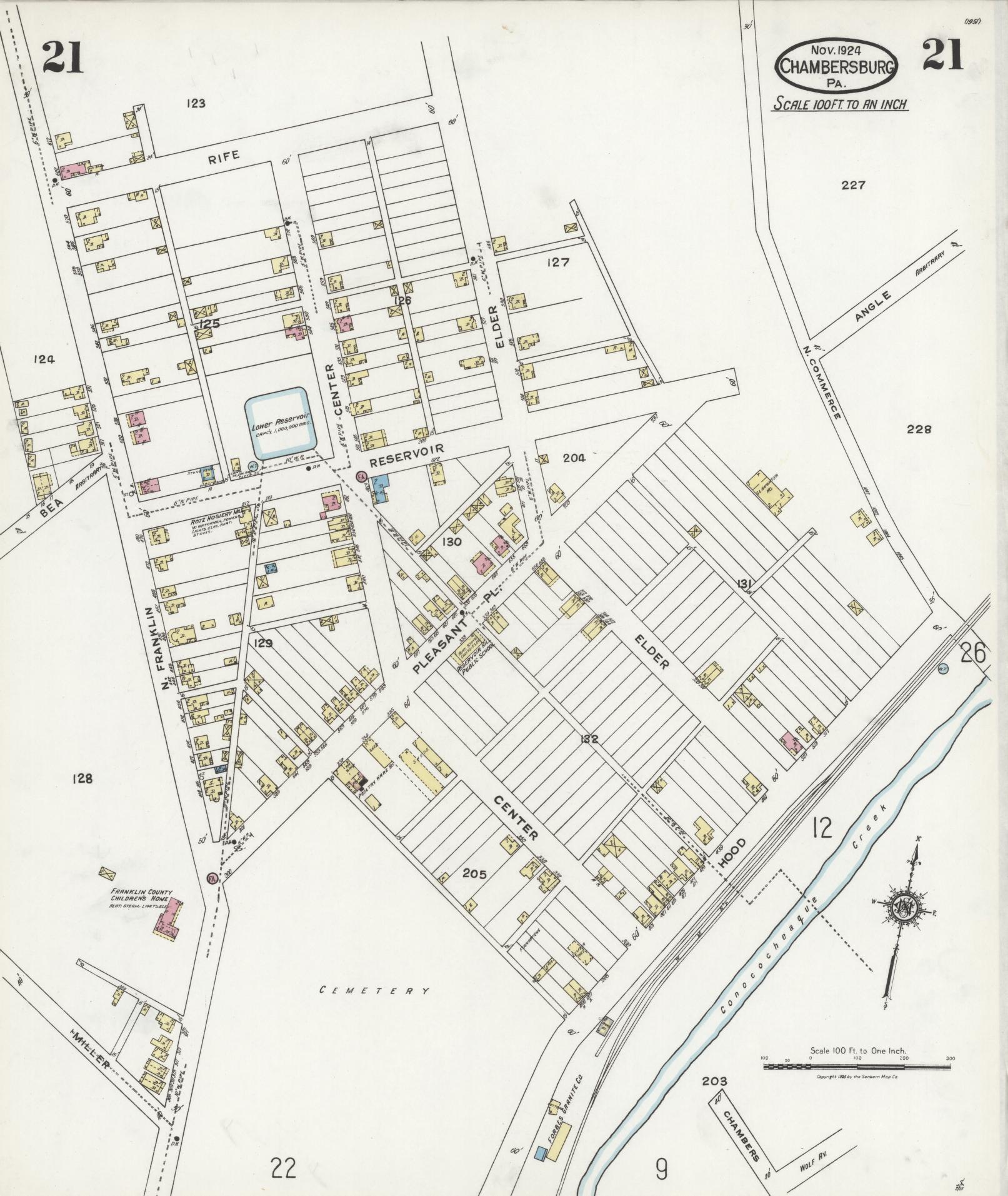 Sanborn Fire Insurance Map from Chambersburg, Franklin County, Pennsylvania (1924), Sheet #0021 - Historic Sanborn Fire Insurance Map Print, vintage old map wall art, antique decor, genealogy gift, Pennsylvania Pennsylvania map