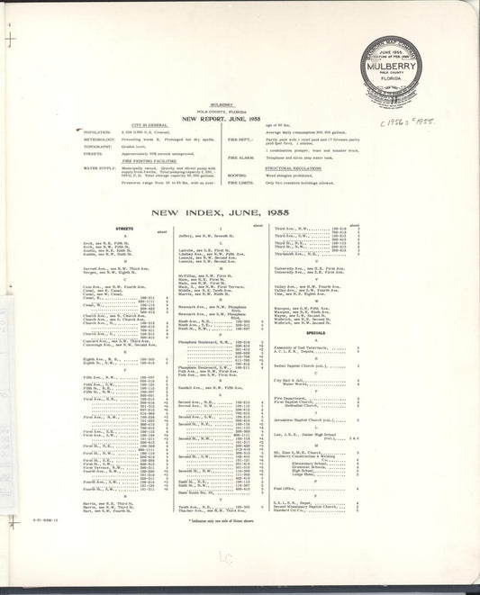 Sanborn Fire Insurance Map from Mulberry, Polk County, Florida (1955), Sheet #0001 - Historic Sanborn Fire Insurance Map Print, vintage old map wall art, antique decor, genealogy gift, Florida Florida map