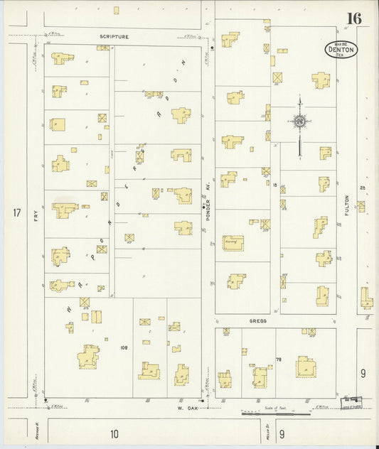 Sanborn Fire Insurance Map from Denton, Denton County, Texas (1912), Sheet #0016 - Historic Sanborn Fire Insurance Map Print, vintage old map wall art, antique decor, genealogy gift, Texas Texas map