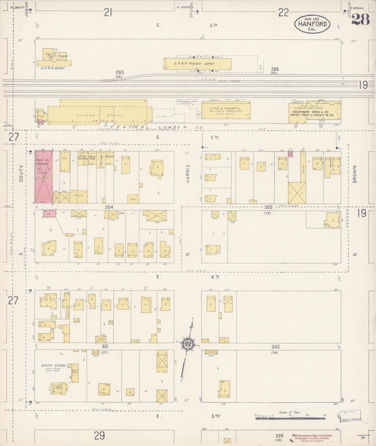 Sanborn Fire Insurance Map from Hanford, Kings County, California (1913), Sheet #0028 - Complete Map Set gallery image, historic Sanborn map, vintage wall art, California California