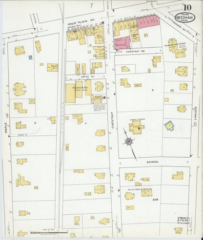 Sanborn Fire Insurance Map from Needham, Norfolk County, Massachusetts (1919), Sheet #0010 - Historic Sanborn Fire Insurance Map Print, vintage old map wall art, antique decor, genealogy gift, Massachusetts Massachusetts map