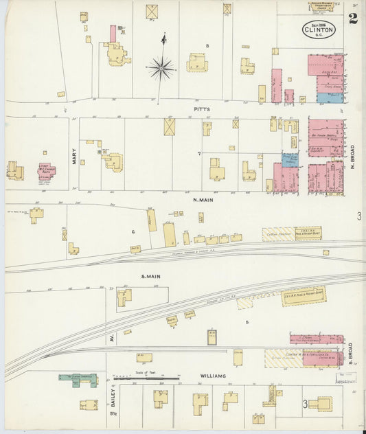 Sanborn Fire Insurance Map from Clinton, Laurens County, South Carolina (1906), Sheet #0002 - Historic Sanborn Fire Insurance Map Print, vintage old map wall art, antique decor, genealogy gift, South Carolina South Carolina map