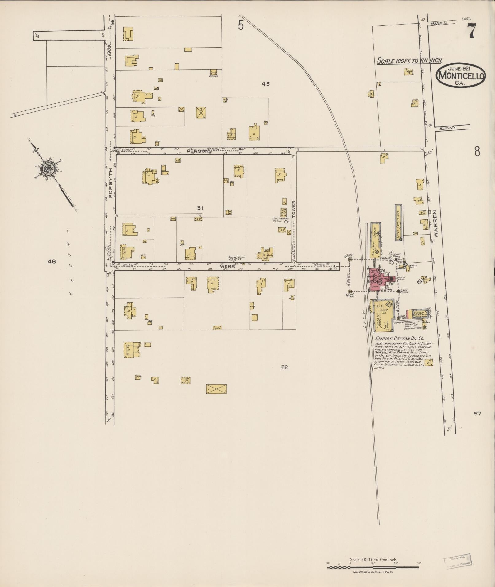 Sanborn Fire Insurance Map from Monticello, Jasper County, Georgia (1921), Sheet #0007 - Historic Sanborn Fire Insurance Map Print, vintage old map wall art, antique decor, genealogy gift, Georgia Georgia map