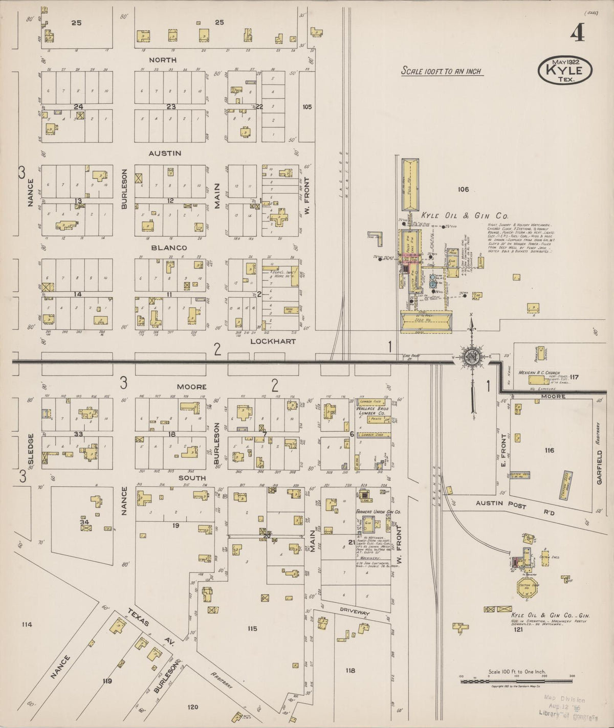 Sanborn Fire Insurance Map from Kyle, Hays County, Texas (1922), Sheet #0004 - Complete Map Set gallery image, historic Sanborn map, vintage wall art, Texas Texas