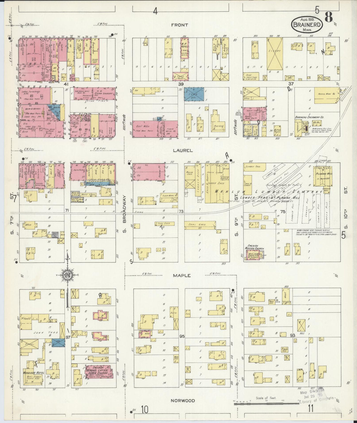 Sanborn Fire Insurance Map from Brainerd, Crow Wing County, Minnesota (1913), Sheet #0008 - Historic Sanborn Fire Insurance Map Print, vintage old map wall art, antique decor, genealogy gift, Minnesota Minnesota map