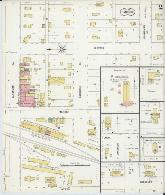Sanborn Fire Insurance Map from Rantoul, Champaign County, Illinois (1899), Sheet #0002 - Historic Sanborn Fire Insurance Map Print, vintage old map wall art, antique decor, genealogy gift, Illinois Illinois map