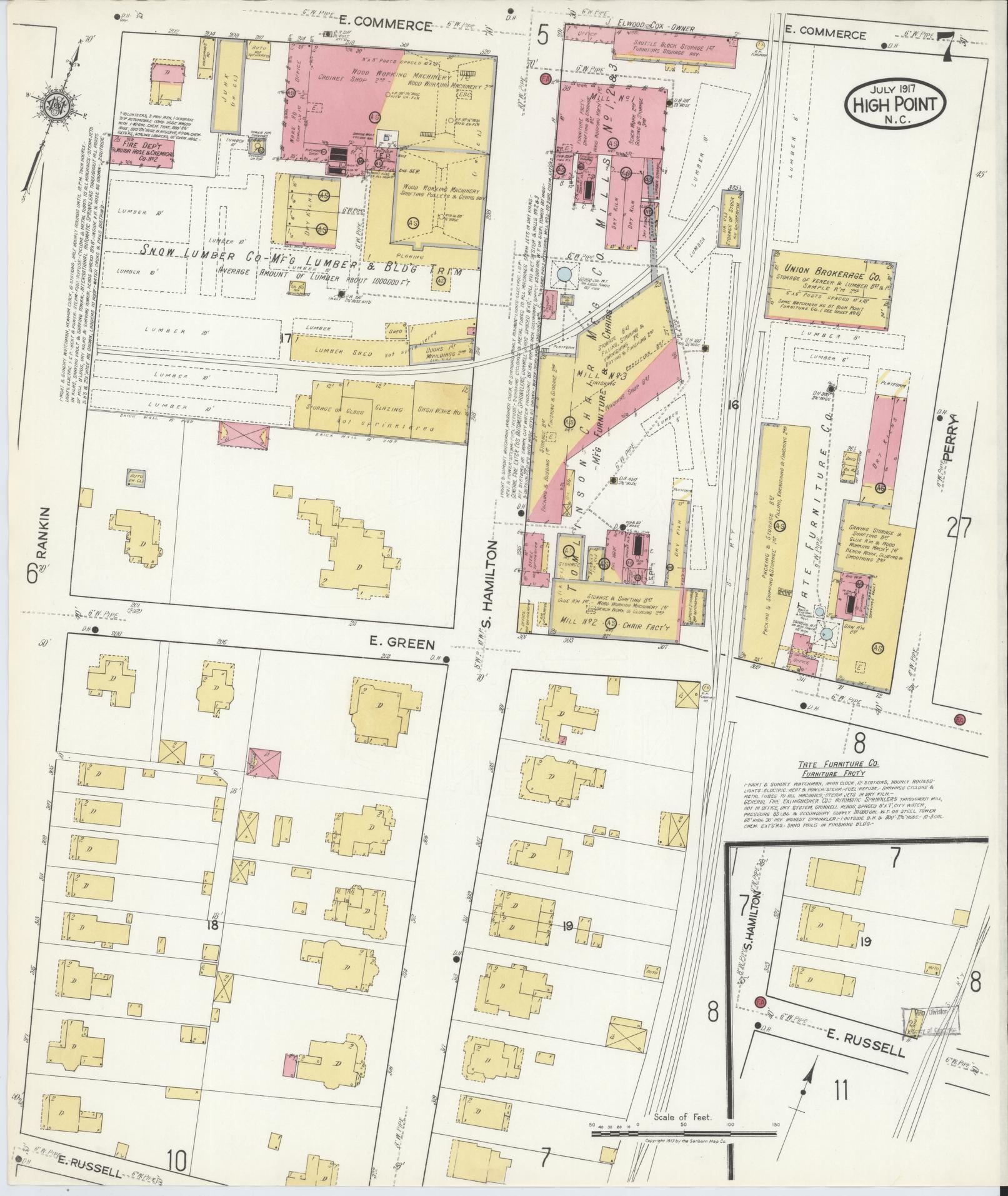 Sanborn Fire Insurance Map from High Point, Guilford County, North Carolina (1917), Sheet #0007 - Historic Sanborn Fire Insurance Map Print, vintage old map wall art, antique decor, genealogy gift, North Carolina North Carolina map