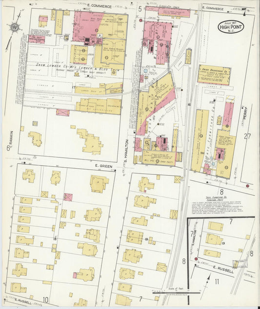 Sanborn Fire Insurance Map from High Point, Guilford County, North Carolina (1917), Sheet #0007 - Historic Sanborn Fire Insurance Map Print, vintage old map wall art, antique decor, genealogy gift, North Carolina North Carolina map