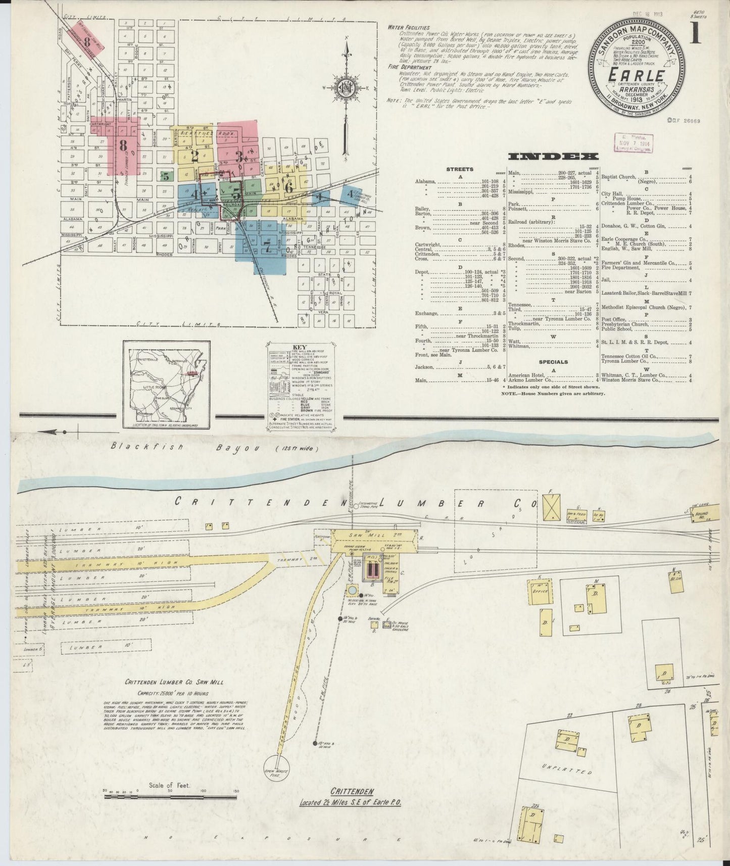 Sanborn Fire Insurance Map from Earle, Crittenden County, Arkansas (1913), Sheet #0001 - Complete Map Set gallery image, historic Sanborn map, vintage wall art, Arkansas Arkansas