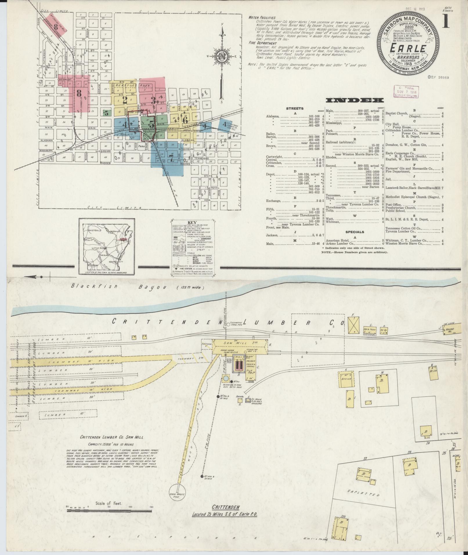 Sanborn Fire Insurance Map from Earle, Crittenden County, Arkansas (1913), Sheet #0001 - Complete Map Set gallery image, historic Sanborn map, vintage wall art, Arkansas Arkansas