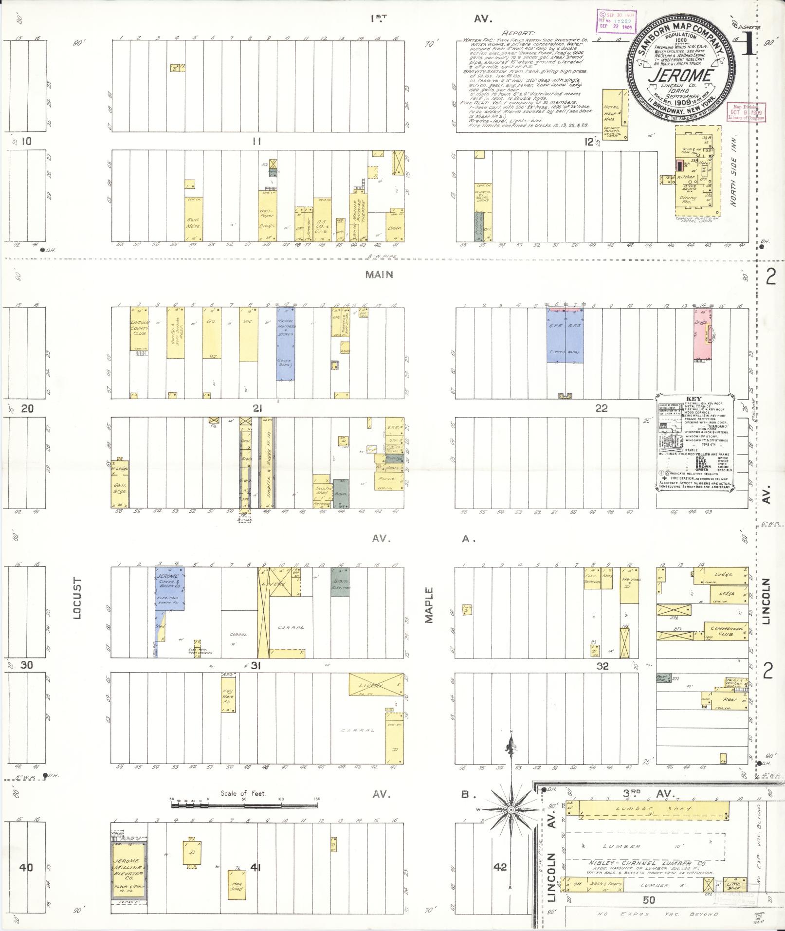 Sanborn Fire Insurance Map from Jerome, Jerome County, Idaho (1909), Sheet #0001 - Historic Sanborn Fire Insurance Map Print, vintage old map wall art, antique decor, genealogy gift, Idaho Idaho map