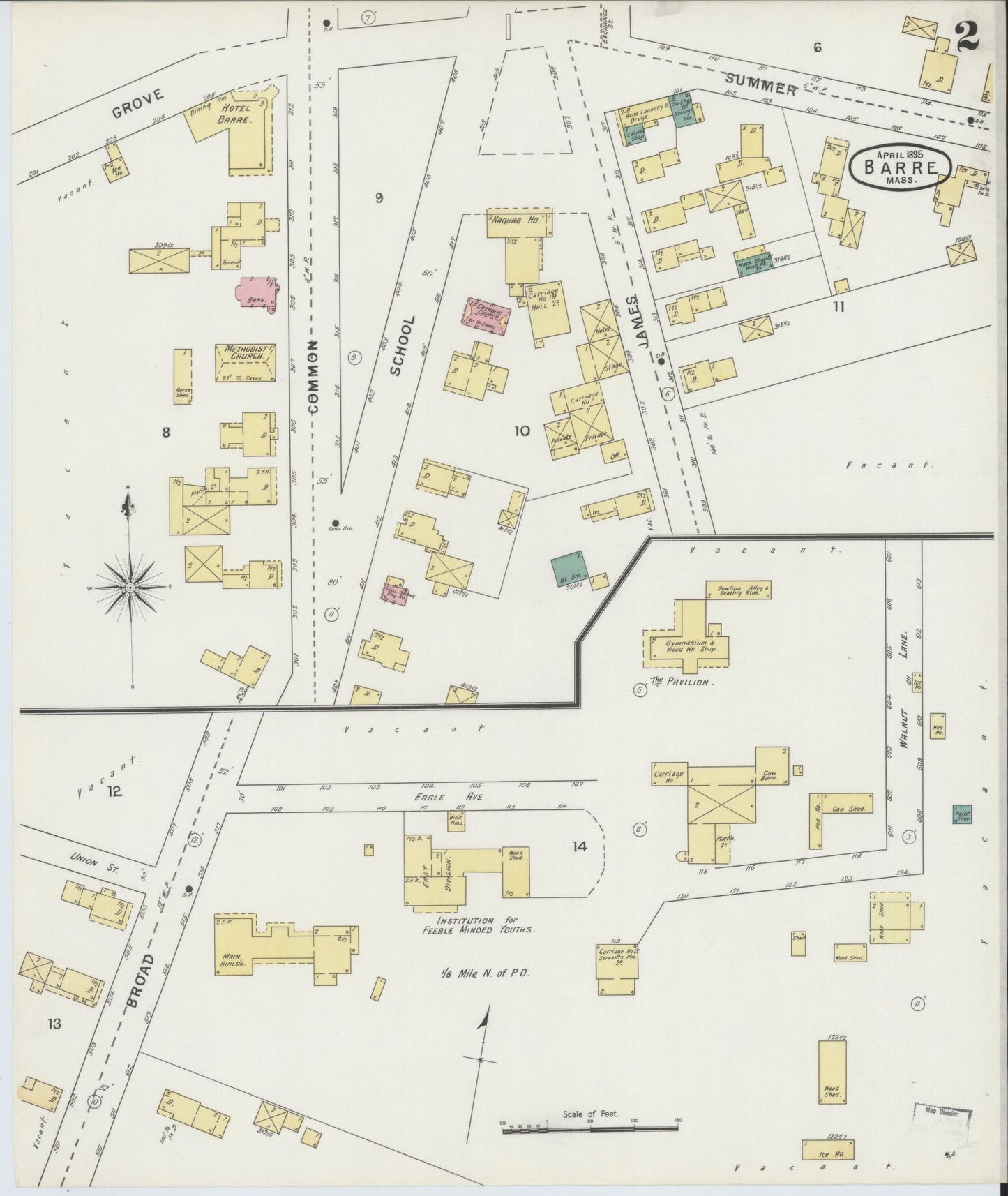 Sanborn Fire Insurance Map from Barre, Worcester County, Massachusetts (1895), Sheet #0002 - Historic Sanborn Fire Insurance Map Print, vintage old map wall art, antique decor, genealogy gift, Massachusetts Massachusetts map