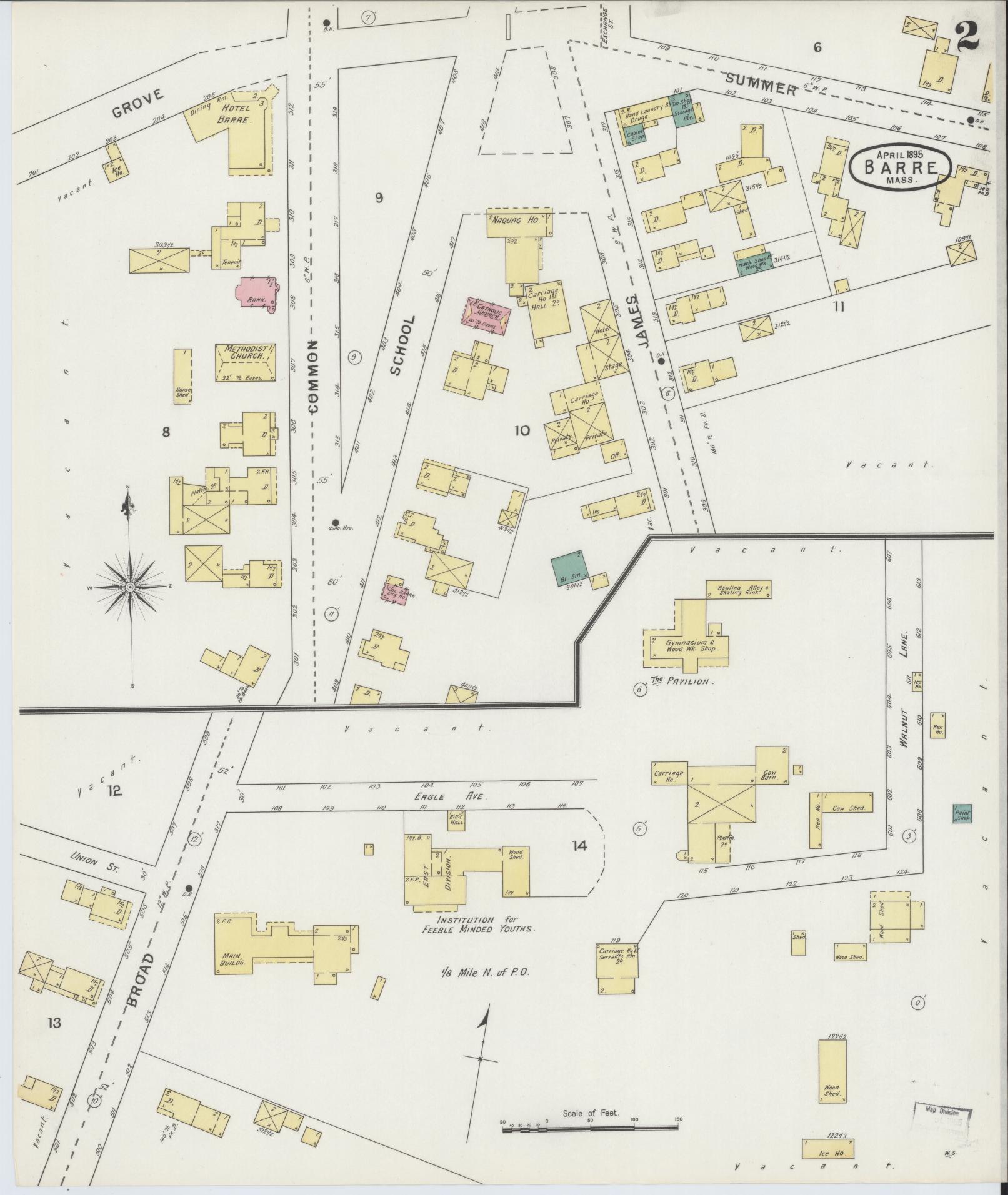 Sanborn Fire Insurance Map from Barre, Worcester County, Massachusetts (1895), Sheet #0002 - Historic Sanborn Fire Insurance Map Print, vintage old map wall art, antique decor, genealogy gift, Massachusetts Massachusetts map