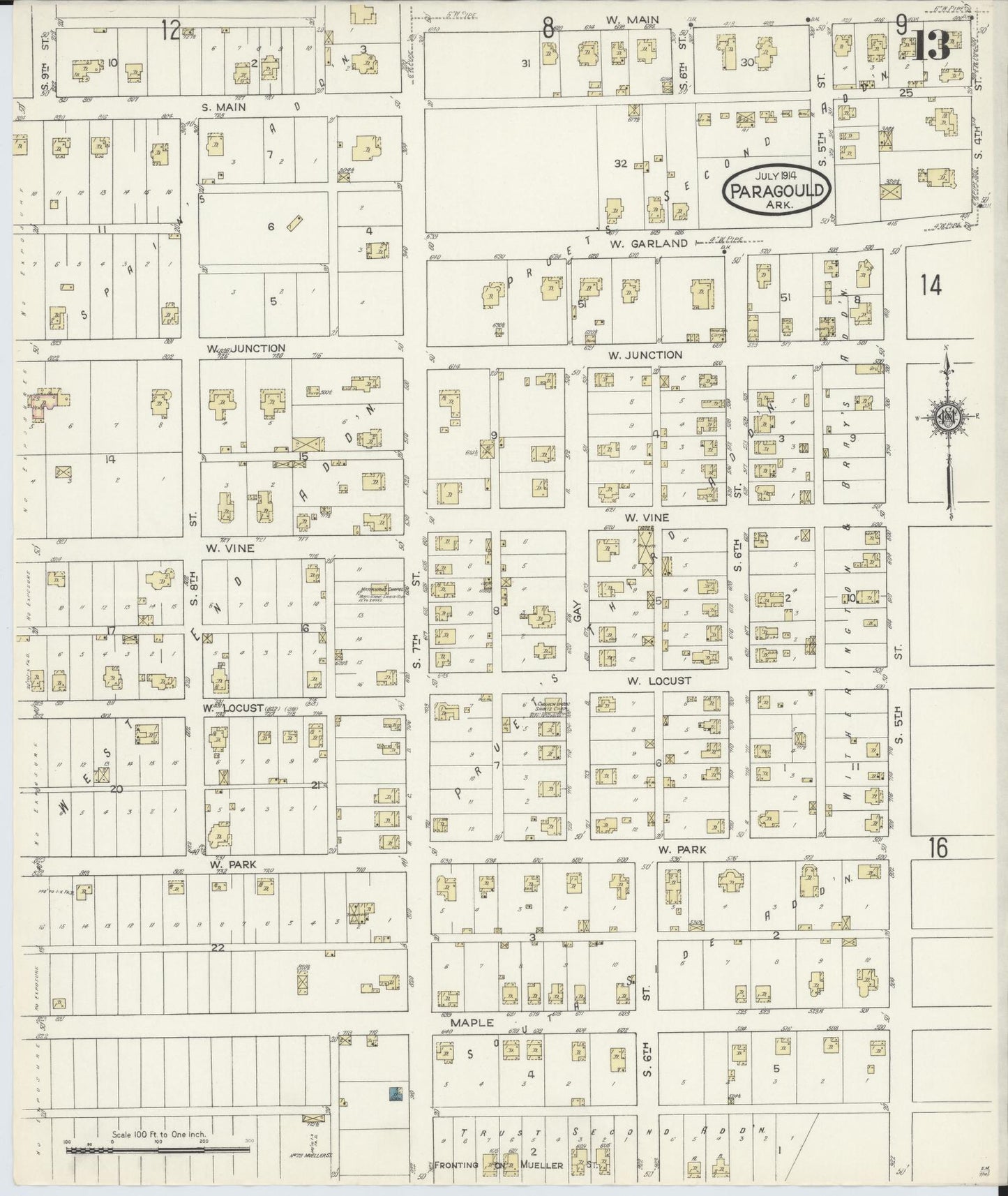 Sanborn Fire Insurance Map from Paragould, Greene County, Arkansas (1914), Sheet #0013 - Complete Map Set gallery image, historic Sanborn map, vintage wall art, Arkansas Arkansas