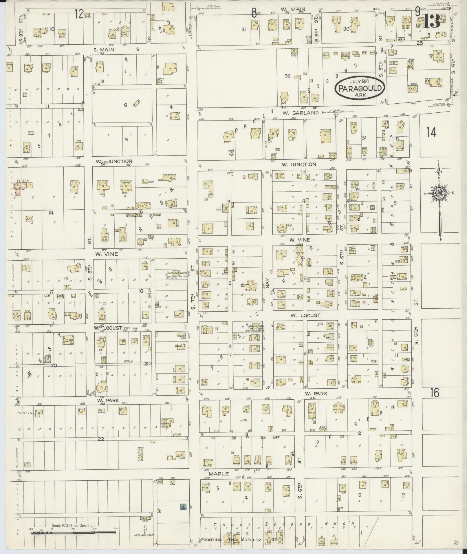 Sanborn Fire Insurance Map from Paragould, Greene County, Arkansas (1914), Sheet #0013 - Complete Map Set gallery image, historic Sanborn map, vintage wall art, Arkansas Arkansas