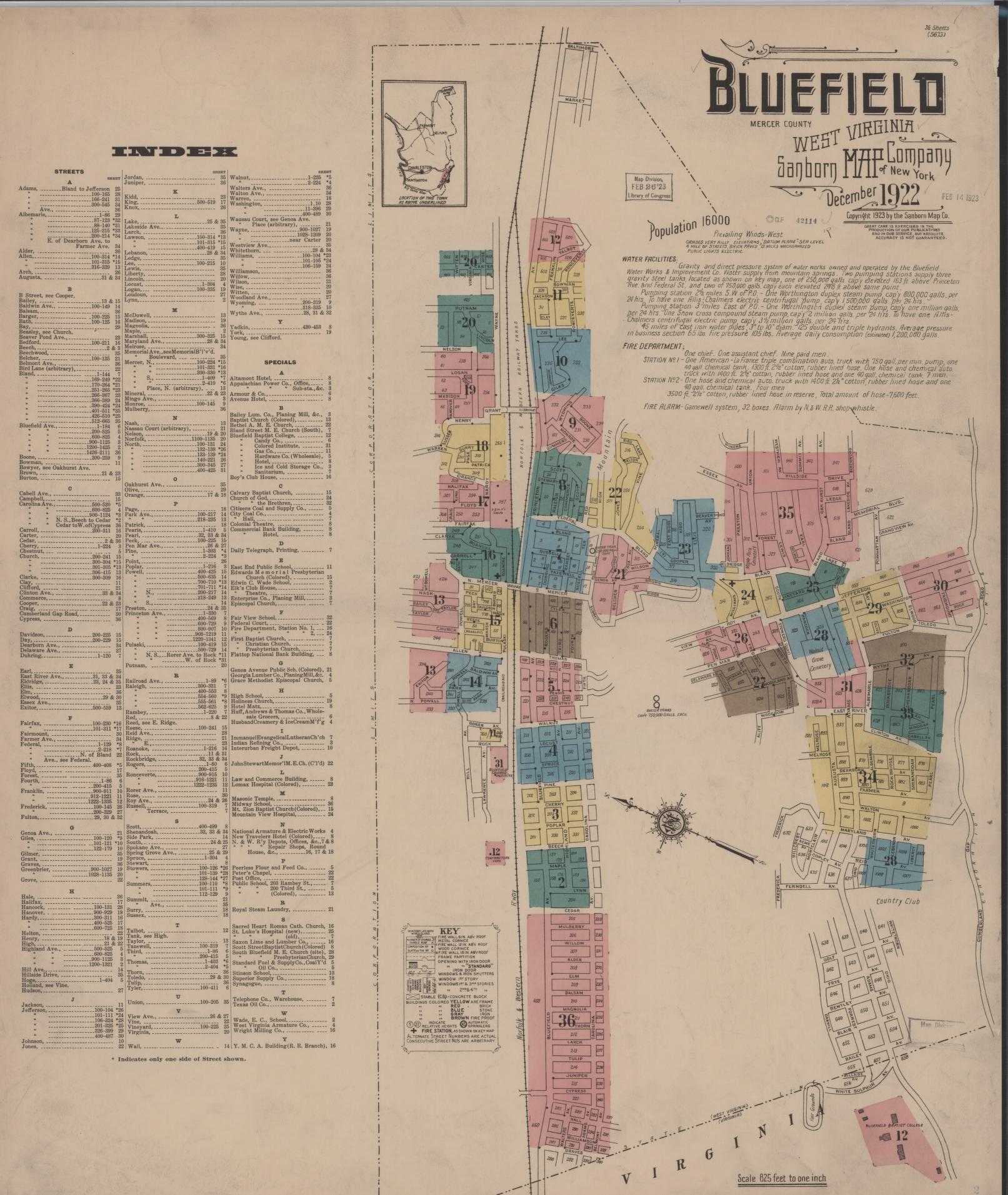 Sanborn Fire Insurance Map from Bluefield, Mercer County, West Virginia (1922), Sheet #0001 - Historic Sanborn Fire Insurance Map Print, vintage old map wall art, antique decor, genealogy gift, West Virginia West Virginia map