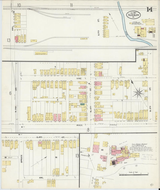 Sanborn Fire Insurance Map from Sunbury, Northumberland County, Pennsylvania (1907), Sheet #0014 - Historic Sanborn Fire Insurance Map Print, vintage old map wall art, antique decor, genealogy gift, Pennsylvania Pennsylvania map