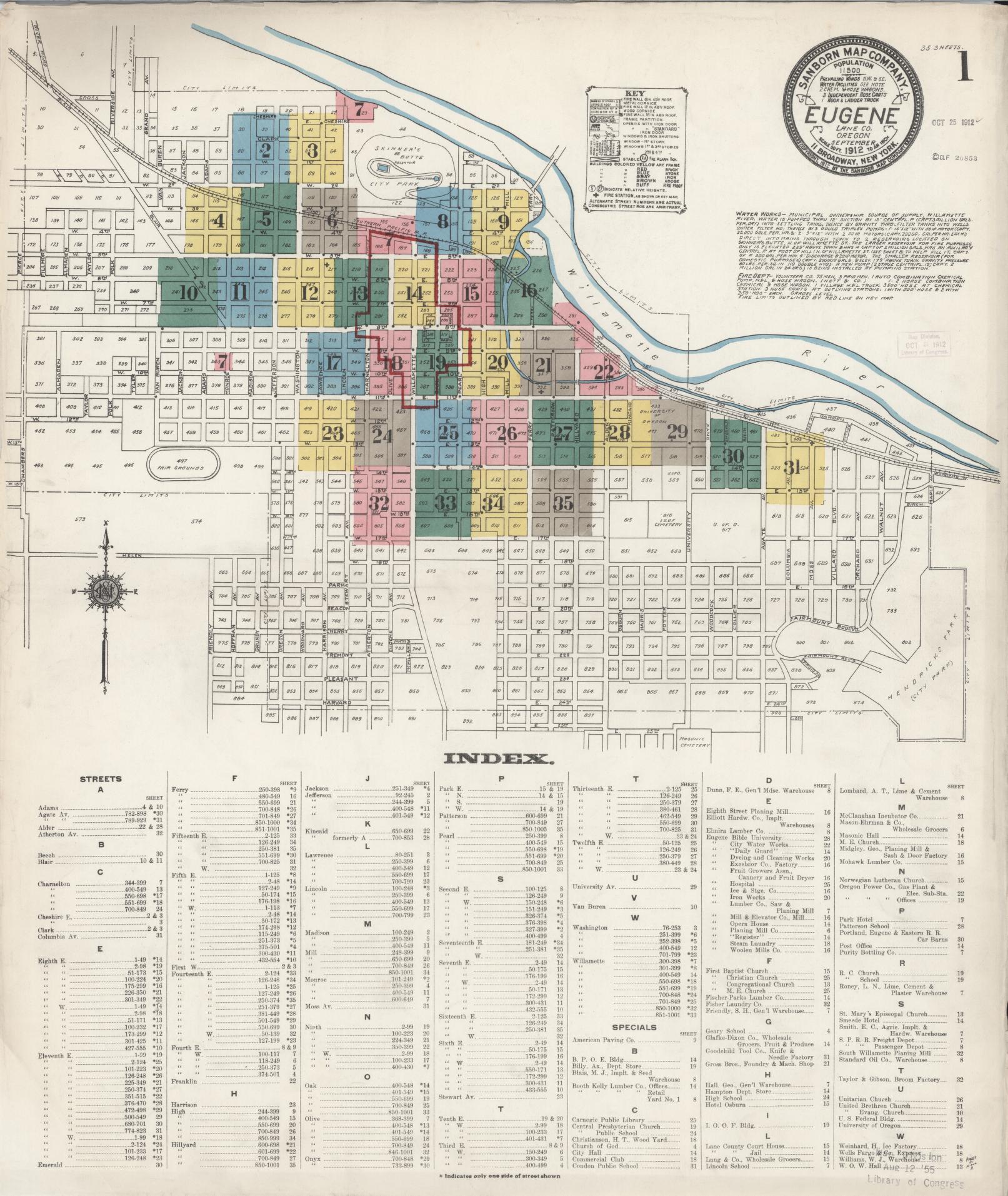 Sanborn Fire Insurance Map from Eugene, Lane County, Oregon (1912), Sheet #0001 - Historic Sanborn Fire Insurance Map Print, vintage old map wall art, antique decor, genealogy gift, Oregon Oregon map