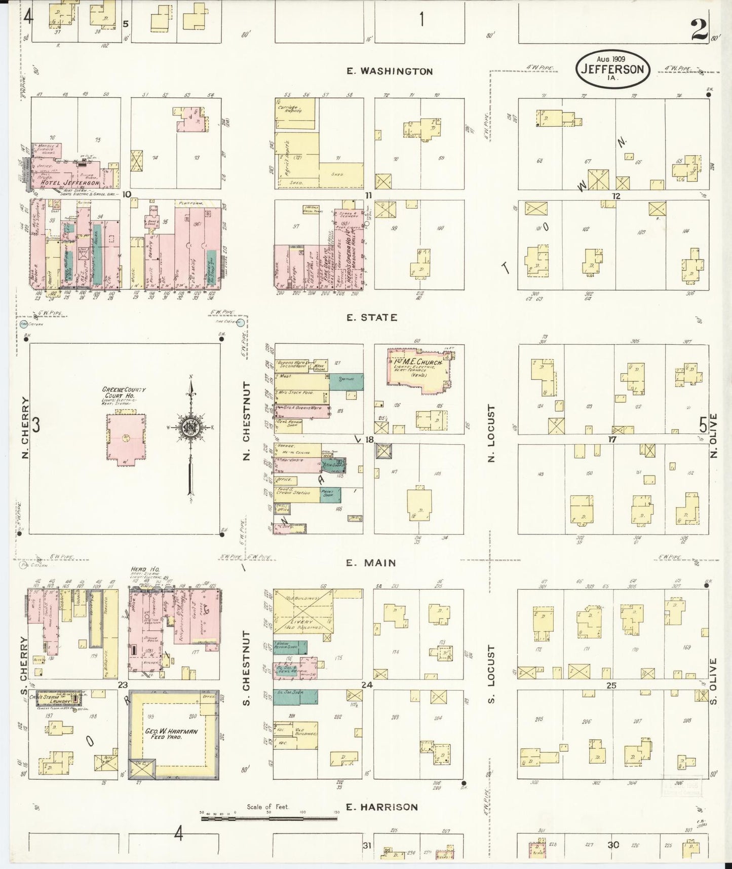 Sanborn Fire Insurance Map from Jefferson, Greene County, Iowa (1909), Sheet #0002 - Historic Sanborn Fire Insurance Map Print, vintage old map wall art