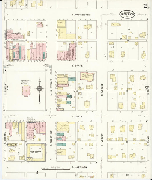 Sanborn Fire Insurance Map from Jefferson, Greene County, Iowa (1909), Sheet #0002 - Historic Sanborn Fire Insurance Map Print, vintage old map wall art