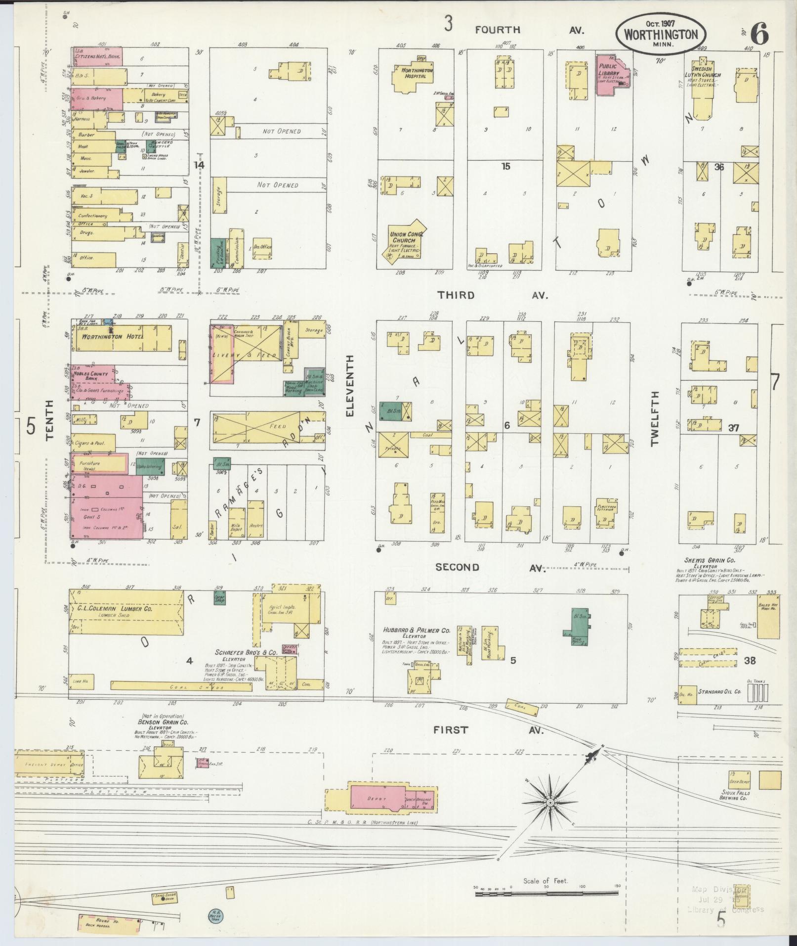 Sanborn Fire Insurance Map from Worthington, Nobles County, Minnesota (1907), Sheet #0006 - Complete Map Set gallery image, historic Sanborn map, vintage wall art, Minnesota Minnesota