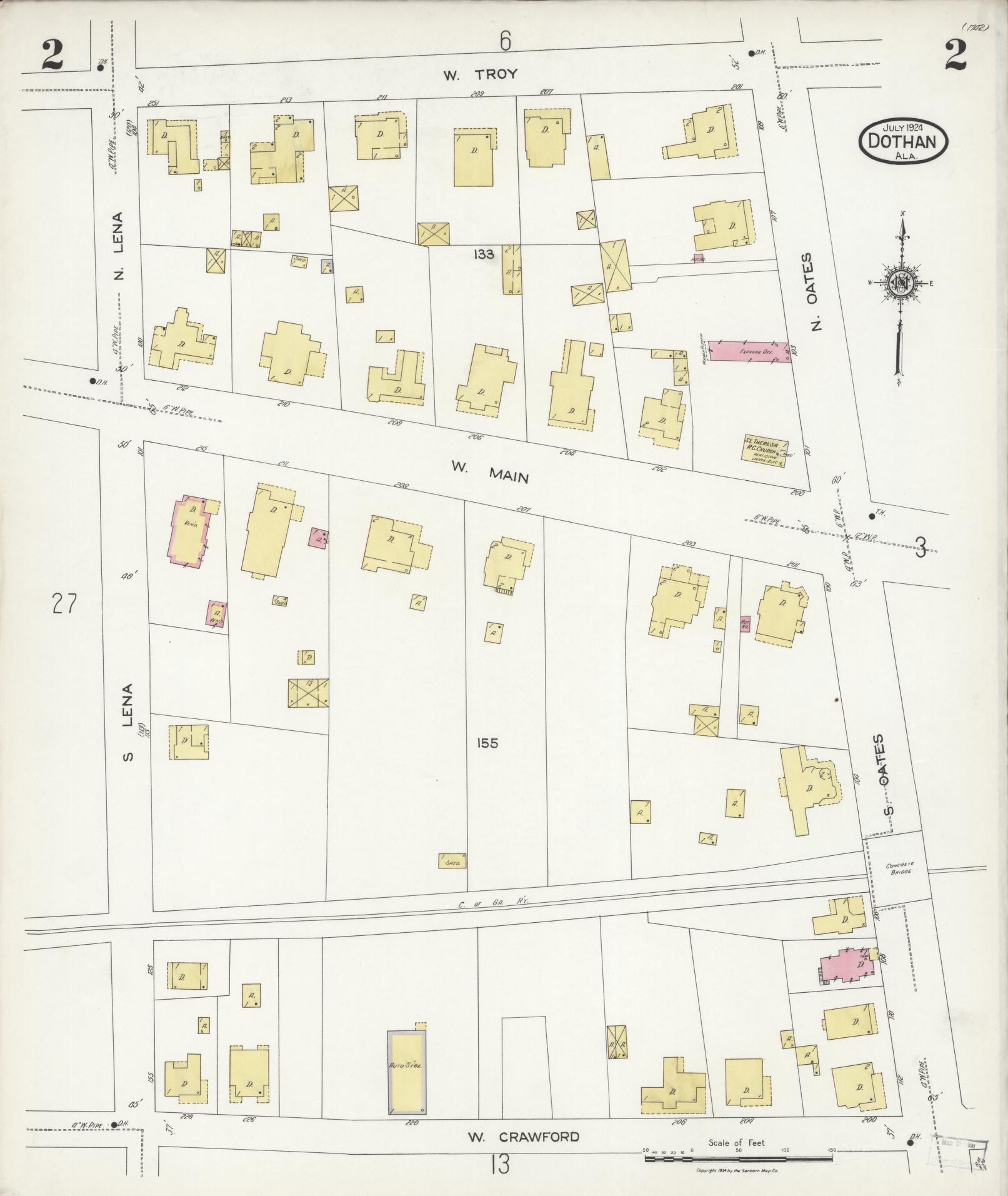 Sanborn Fire Insurance Map from Dothan, Houston County, Alabama (1924), Sheet #0002 - Historic Sanborn Fire Insurance Map Print, vintage old map wall art, antique decor, genealogy gift, Alabama Alabama map