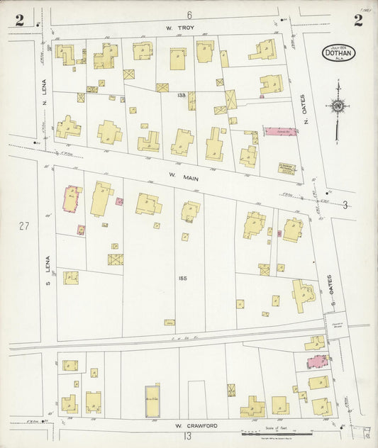 Sanborn Fire Insurance Map from Dothan, Houston County, Alabama (1924), Sheet #0002 - Historic Sanborn Fire Insurance Map Print, vintage old map wall art, antique decor, genealogy gift, Alabama Alabama map