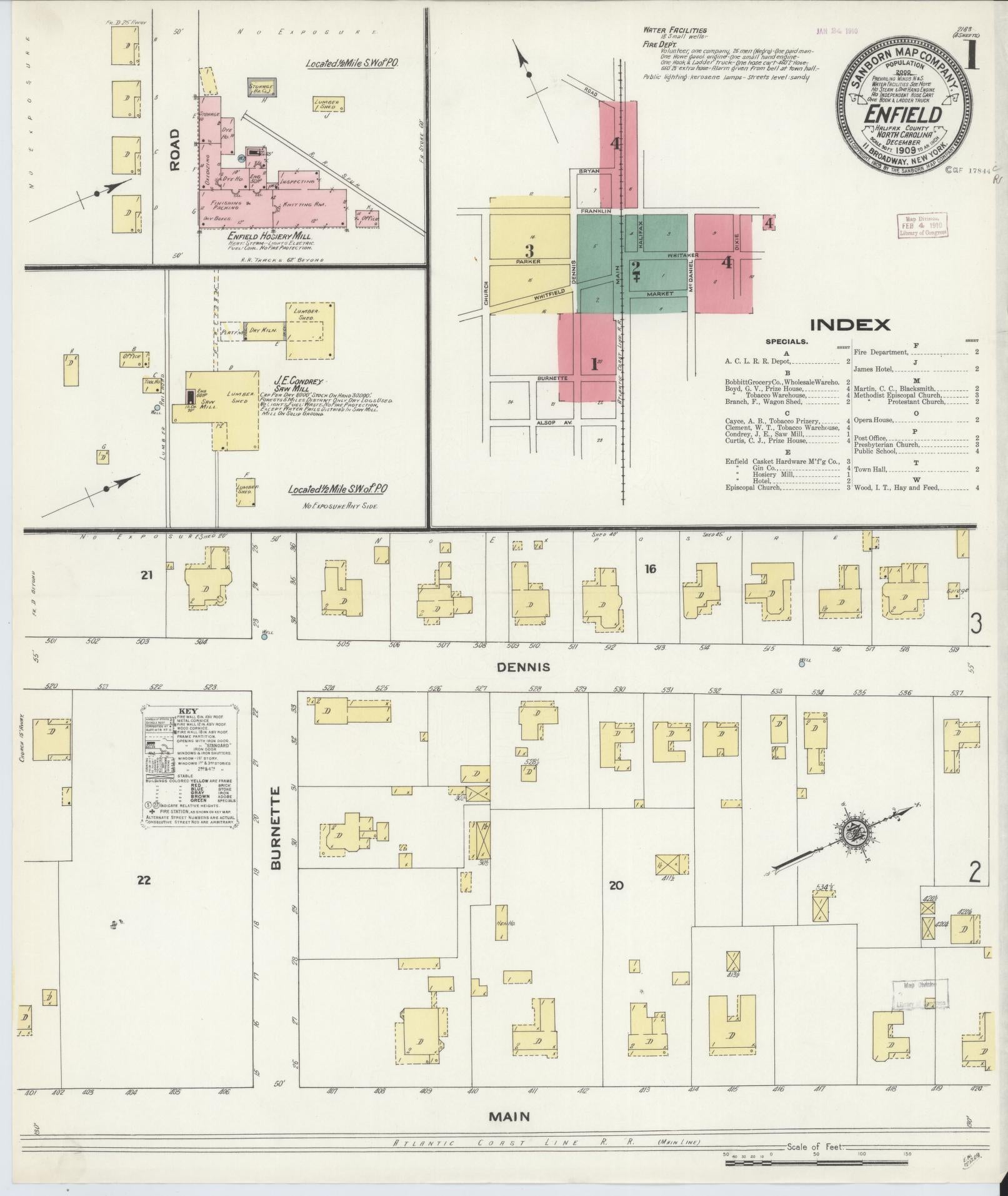 Sanborn Fire Insurance Map from Enfield, Halifax County, North Carolina (1909), Sheet #0001 - Historic Sanborn Fire Insurance Map Print, vintage old map wall art, antique decor, genealogy gift, North Carolina North Carolina map