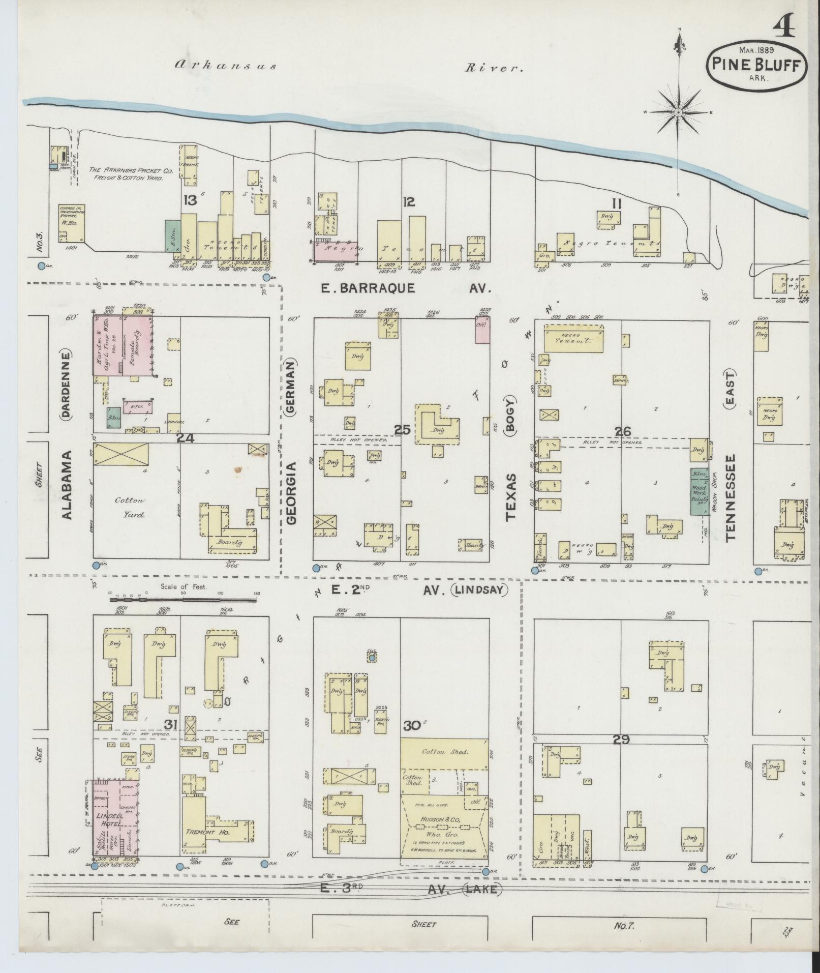 Sanborn Fire Insurance Map from Pine Bluff, Jefferson County, Arkansas (1889), Sheet #0004 - Complete Map Set gallery image, historic Sanborn map, vintage wall art, Arkansas Arkansas