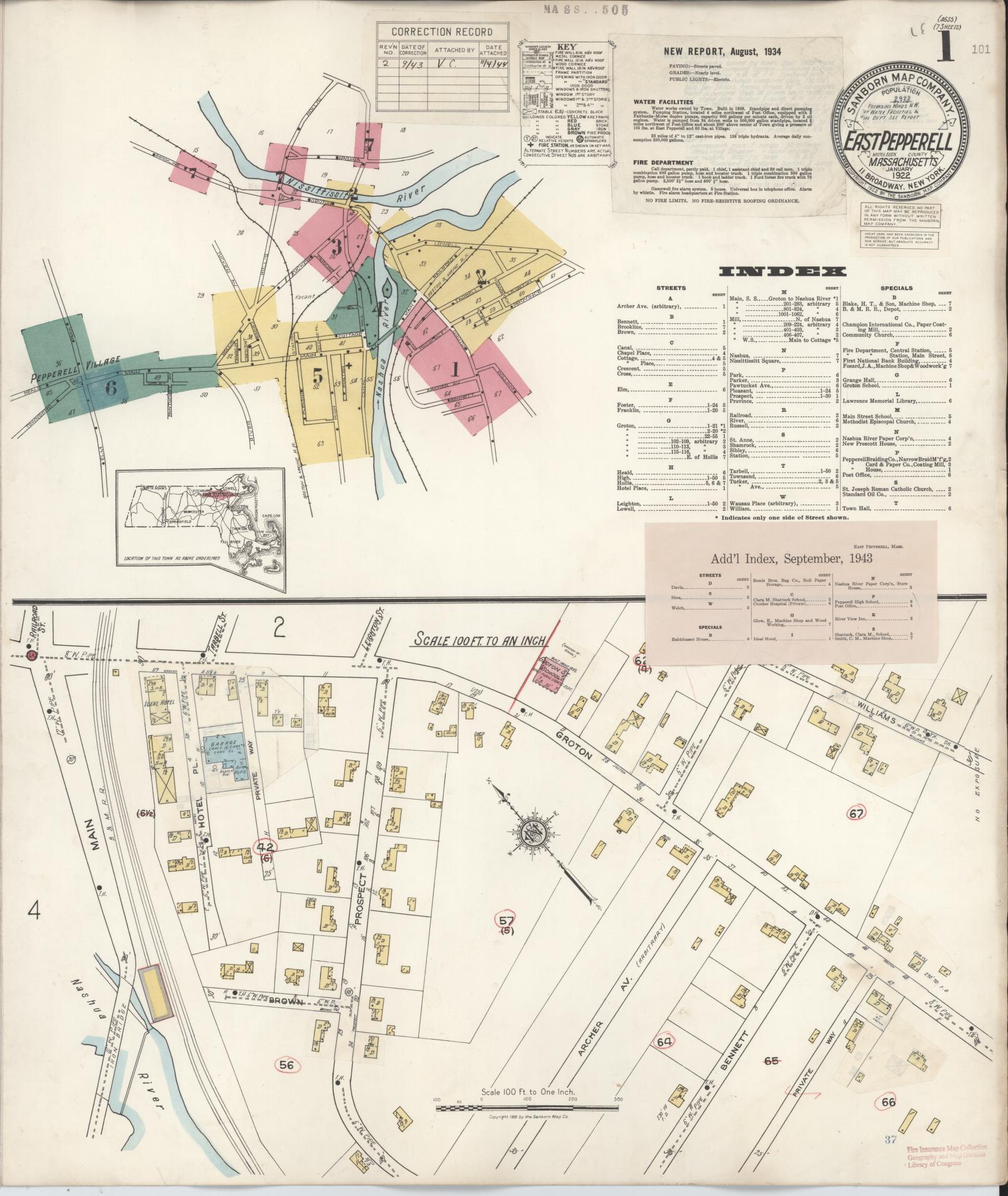 Sanborn Fire Insurance Map from East Pepperell, Middlesex County, Massachusetts (1943), Sheet #0001 - Historic Sanborn Fire Insurance Map Print, vintage old map wall art, antique decor, genealogy gift, Massachusetts Massachusetts map
