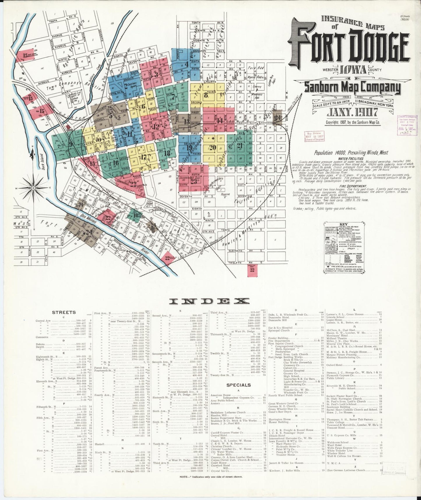 Sanborn Fire Insurance Map from Fort Dodge, Webster County, Iowa (1907), Sheet #0001 - Historic Sanborn Fire Insurance Map Print, vintage old map wall art