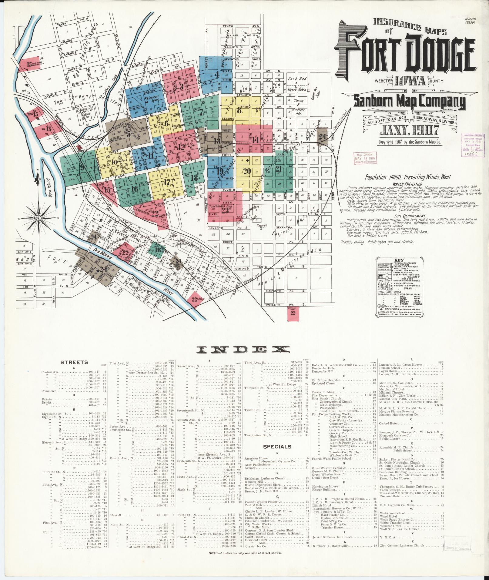 Sanborn Fire Insurance Map from Fort Dodge, Webster County, Iowa (1907), Sheet #0001 - Historic Sanborn Fire Insurance Map Print, vintage old map wall art