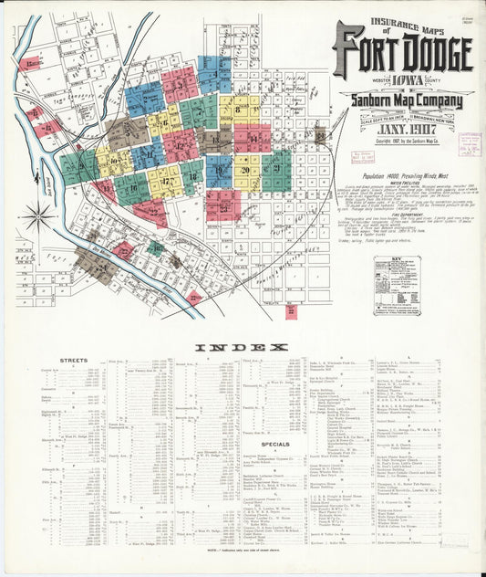 Sanborn Fire Insurance Map from Fort Dodge, Webster County, Iowa (1907), Sheet #0001 - Historic Sanborn Fire Insurance Map Print, vintage old map wall art