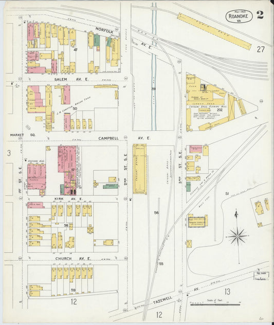 Sanborn Fire Insurance Map from Roanoke, Independent Cities, Virginia (1903), Sheet #0002 - Historic Sanborn Fire Insurance Map Print, vintage old map wall art, antique decor, genealogy gift, Virginia Virginia map