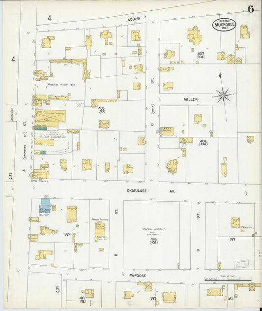 Sanborn Fire Insurance Map from Muskogee, Muskogee County, Oklahoma (1900), Sheet #0006 - Historic Sanborn Fire Insurance Map Print, vintage old map wall art, antique decor, genealogy gift, Oklahoma Oklahoma map