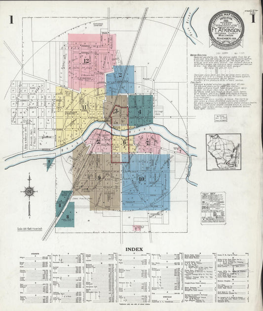 Sanborn Fire Insurance Map from Fort Atkinson, Jefferson County, Wisconsin (1924), Sheet #0001 - Historic Sanborn Fire Insurance Map Print, vintage old map wall art, antique decor, genealogy gift, Wisconsin Wisconsin map