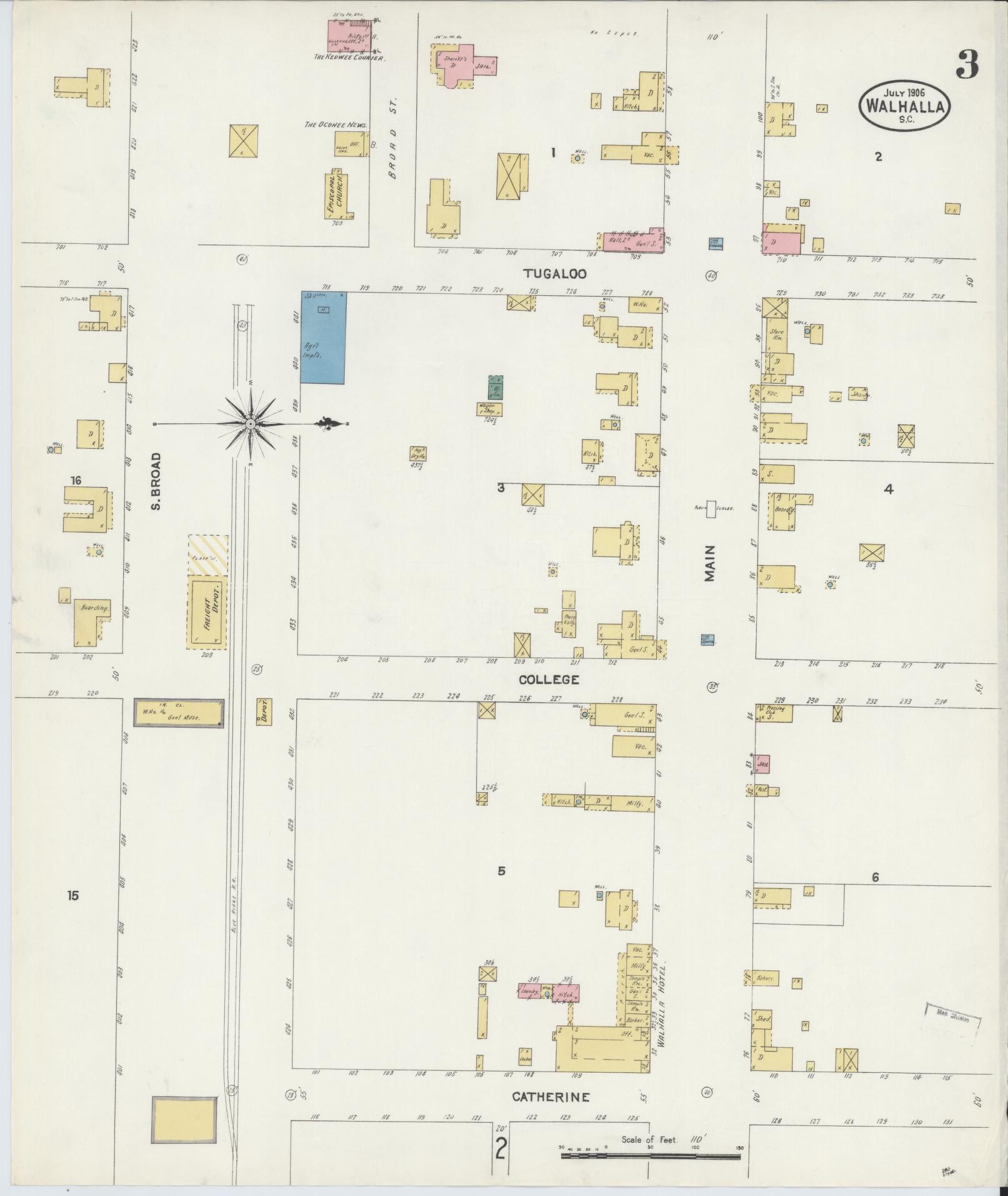 Sanborn Fire Insurance Map from Walhalla, Oconee County, South Carolina (1906), Sheet #0003 - Complete Map Set gallery image, historic Sanborn map, vintage wall art, South Carolina South Carolina