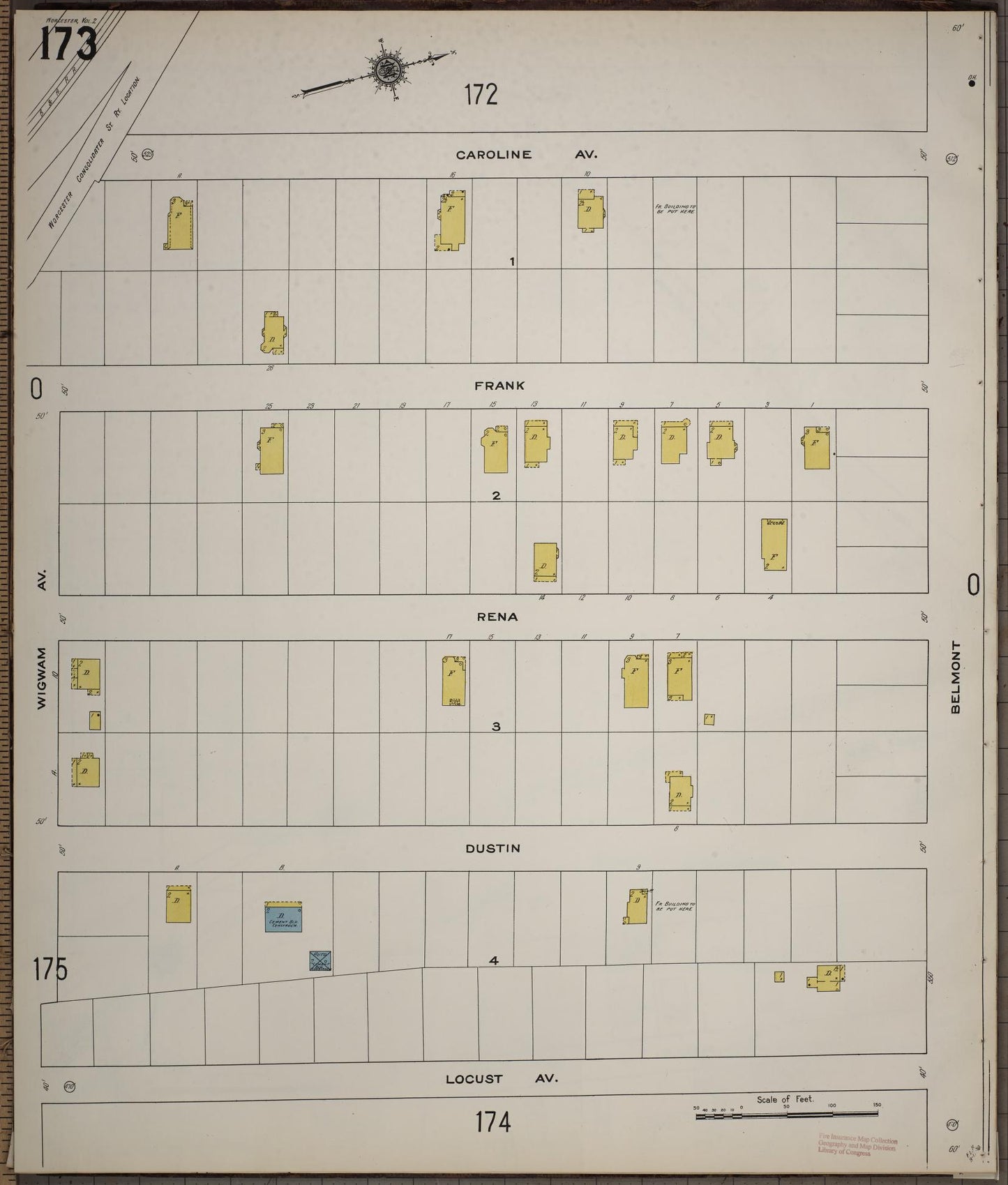 Sanborn Fire Insurance Map from Worcester, Worcester County, Massachusetts (1910), Sheet #0173 - Complete Map Set gallery image, historic Sanborn map, vintage wall art, Massachusetts Massachusetts