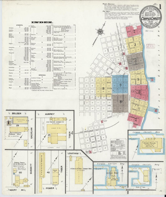 Sanborn Fire Insurance Map from Corpus Christi, Nueces County, Texas (1909), Sheet #0001 - Historic Sanborn Fire Insurance Map Print, vintage old map wall art, antique decor, genealogy gift, Texas Texas map