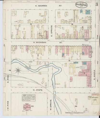Sanborn Fire Insurance Map from Big Rapids, Mecosta County, Michigan (1884), Sheet #0003 - Historic Sanborn Fire Insurance Map Print, vintage old map wall art, antique decor, genealogy gift, Michigan Michigan map