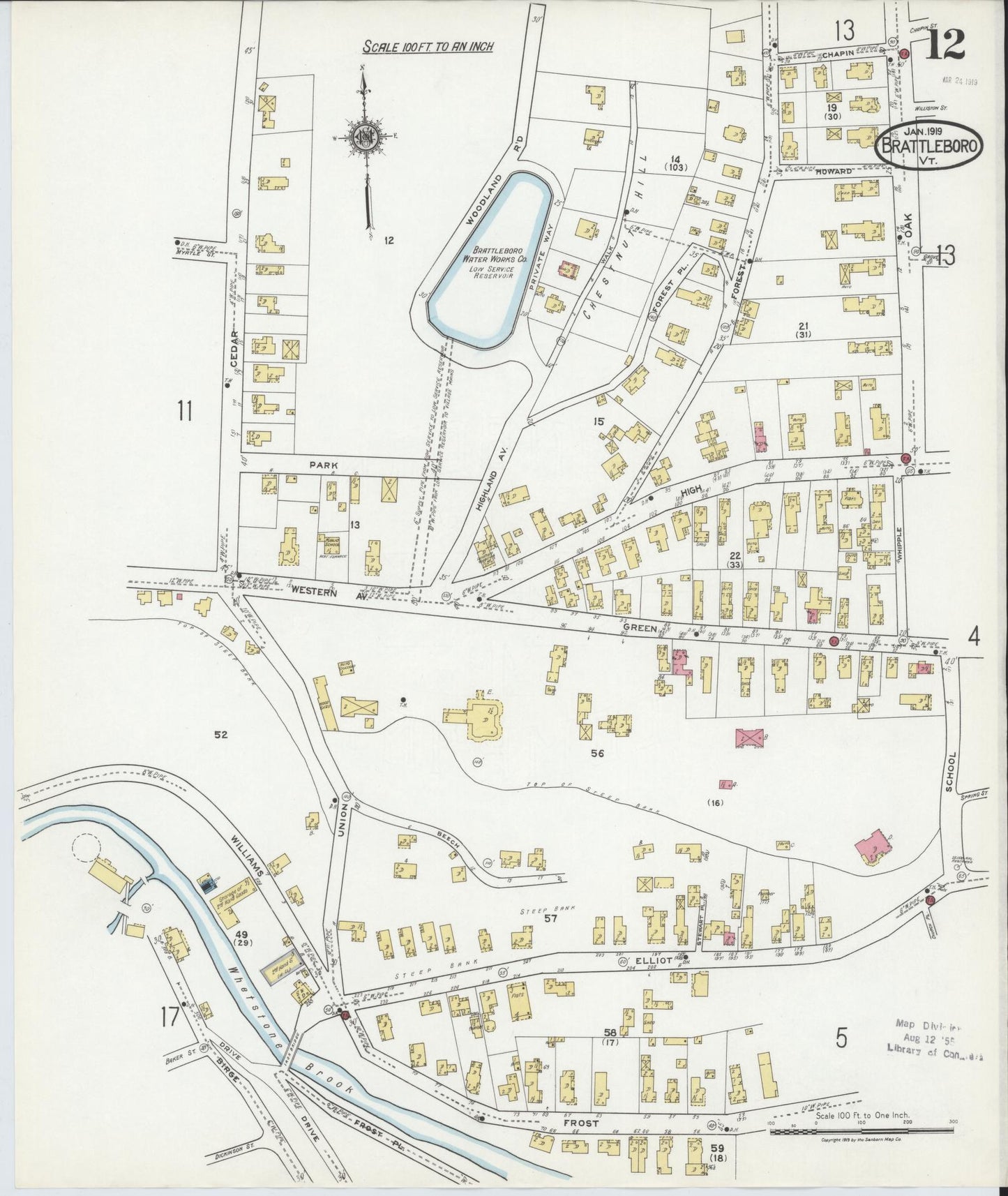 Sanborn Fire Insurance Map from Brattleboro, Windham County, Vermont (1919), Sheet #0012 - Complete Map Set gallery image, historic Sanborn map, vintage wall art, Vermont Vermont