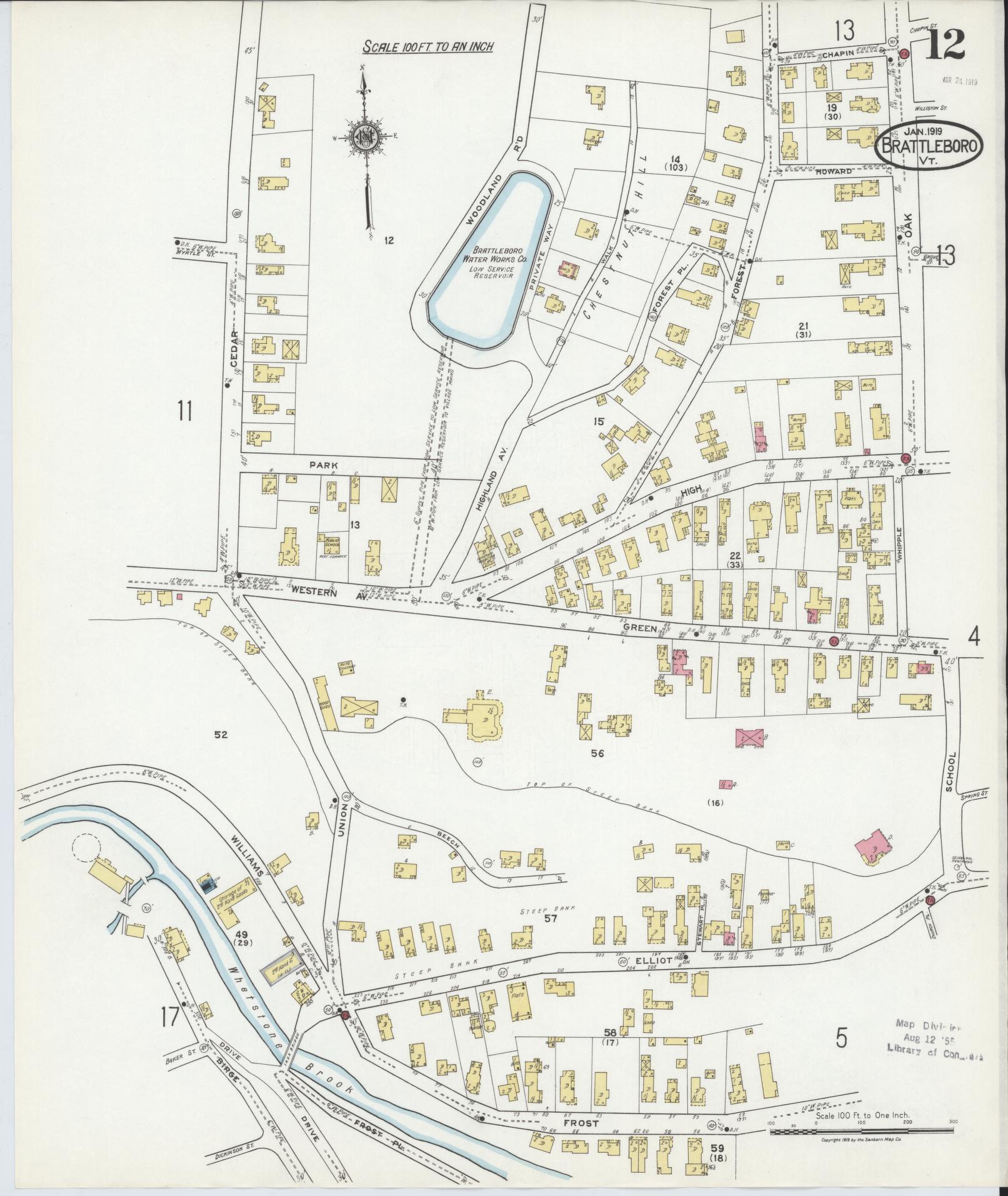 Sanborn Fire Insurance Map from Brattleboro, Windham County, Vermont (1919), Sheet #0012 - Complete Map Set gallery image, historic Sanborn map, vintage wall art, Vermont Vermont