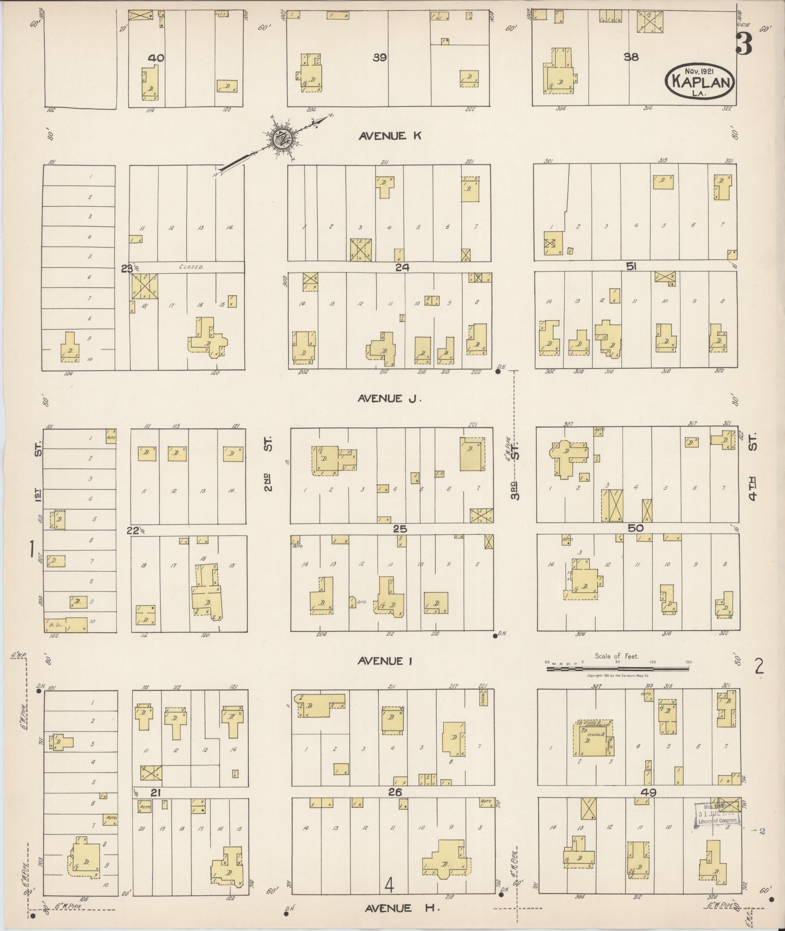 Sanborn Fire Insurance Map from Kaplan, Vermilion Parish, Louisiana (1921), Sheet #0003 - Historic Sanborn Fire Insurance Map Print, vintage old map wall art, antique decor, genealogy gift, Louisiana Louisiana map